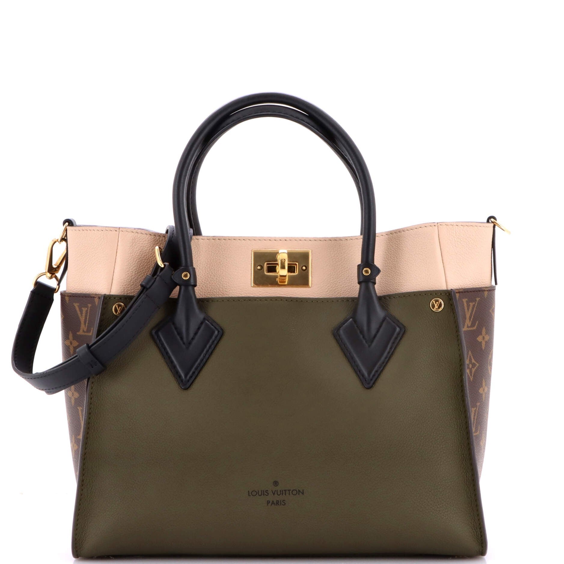 On My Side Tote Leather with Monogram Canvas MM