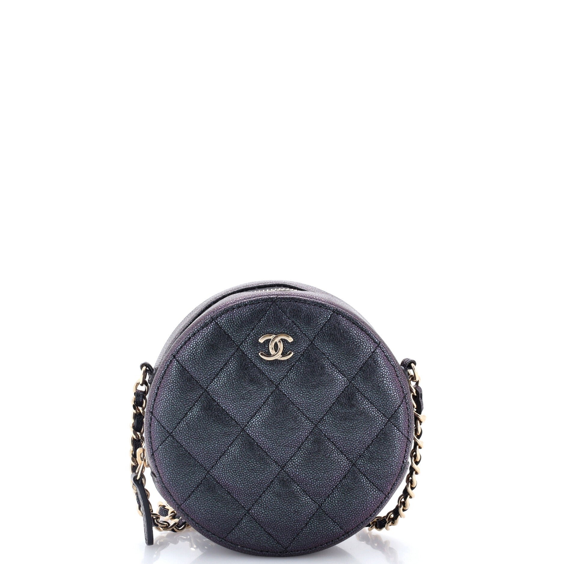 Round Clutch with Chain Quilted Iridescent Caviar Mini