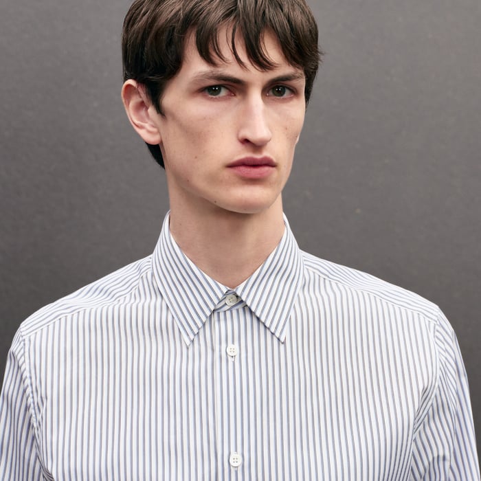 Bleu "Rayures Rythmees" Fitted Shirt With Faubourg Collar