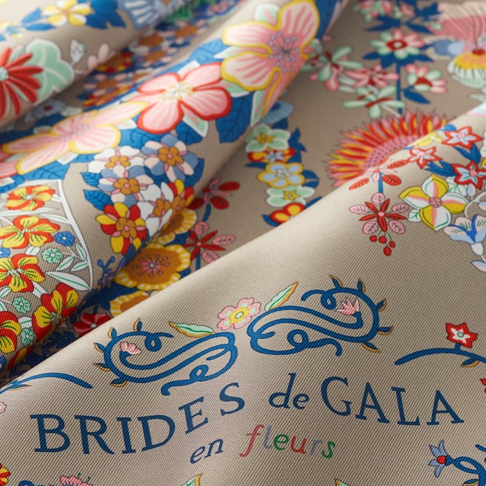 Hermès Brides de Gala en Fleurs scarf 90 Jaune Vif/Gris Acier/Bleu