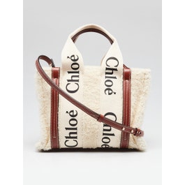 Chloe Beige/Brown Canvas/Leather/Shearling Small Woody Tote Bag