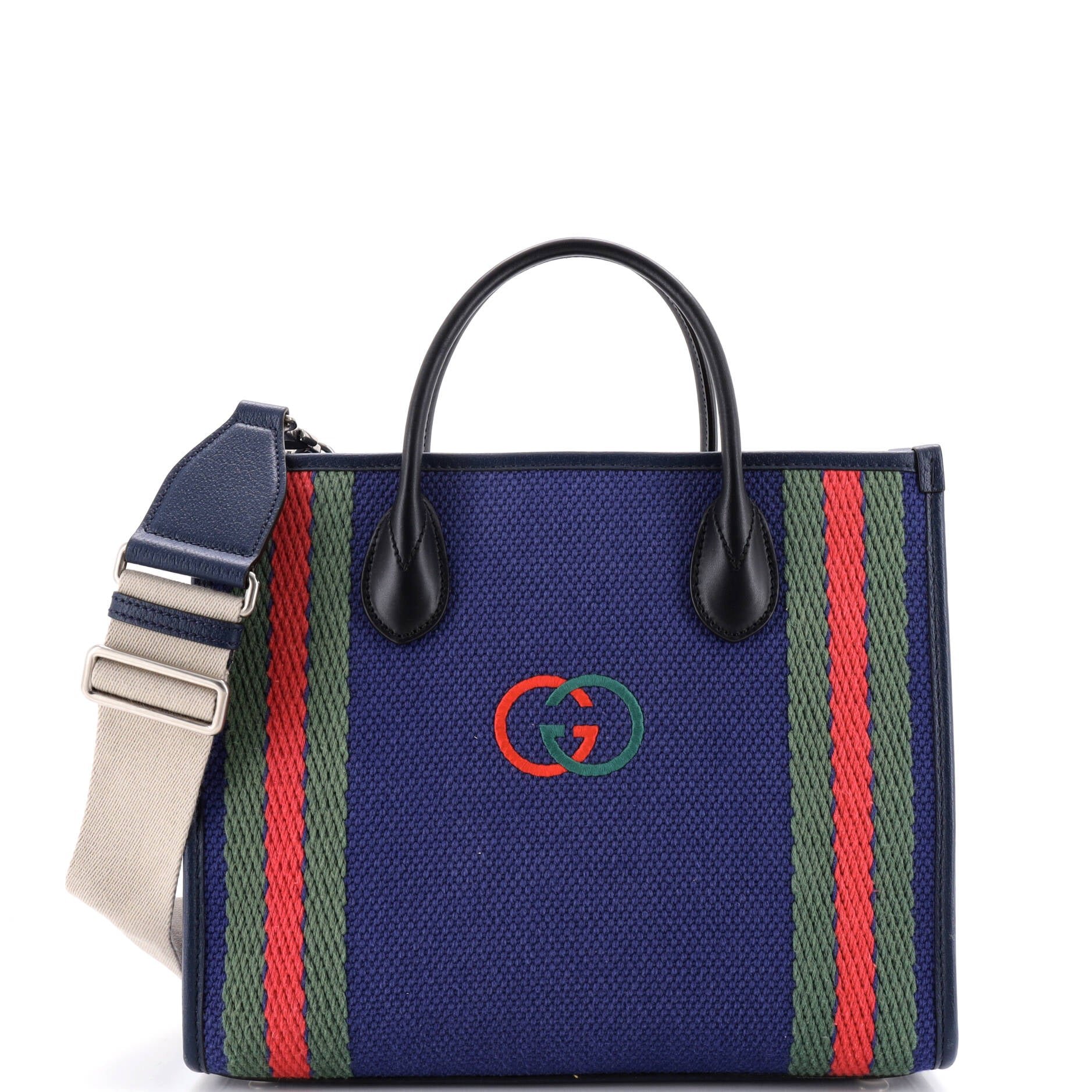 Interlocking G Web Tote Embroidered Canvas Medium