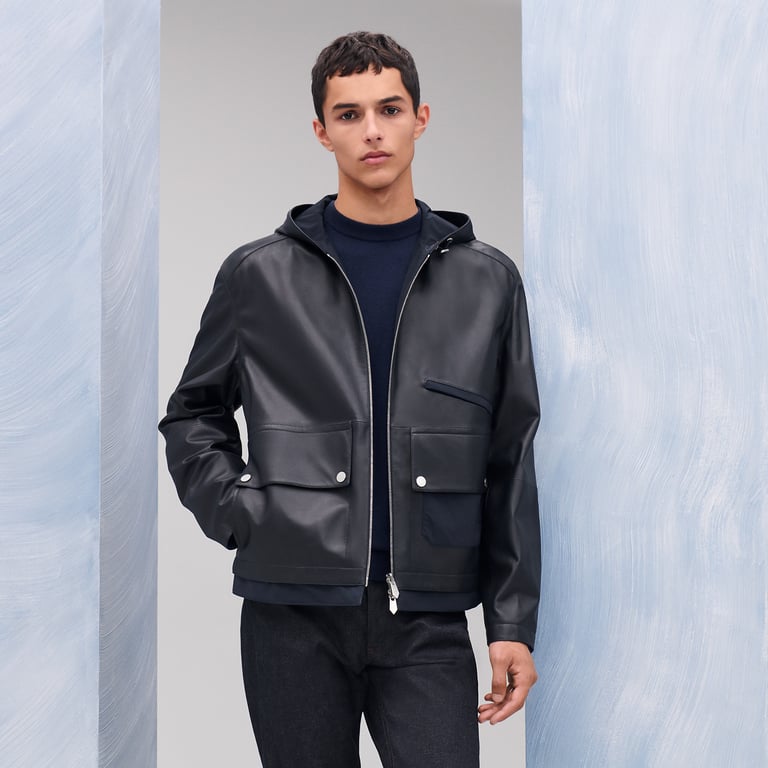 Reversible zipped hooded jacket with leather detail