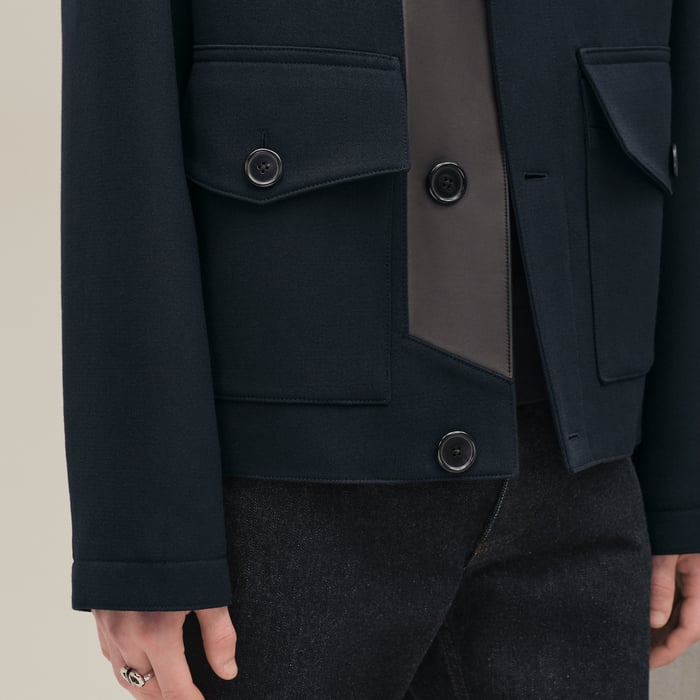 Marine Straight Cut Jacket With Leather Detail