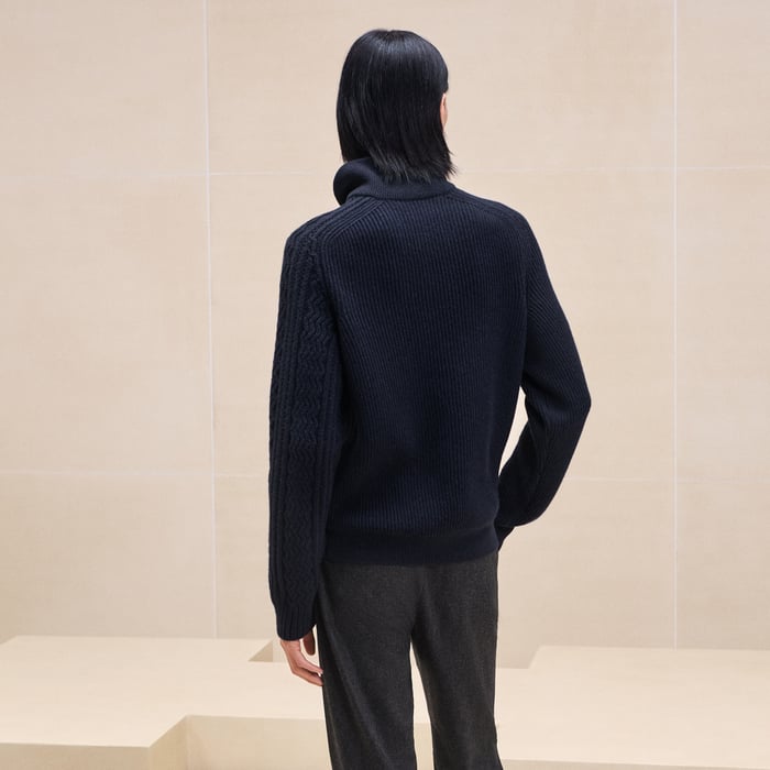 Marine Cashmere "Fisherman Graphique" Twisted Collar Sweater