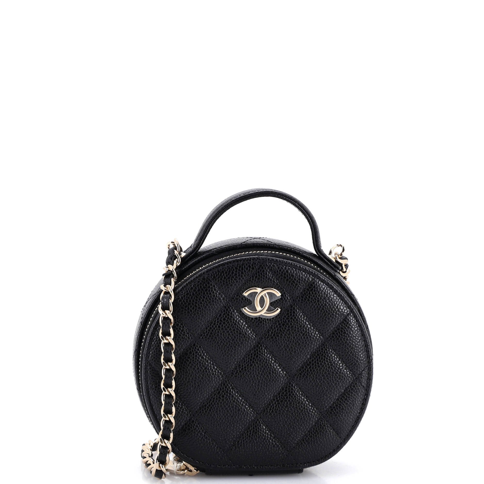 Handle with Care Round Vanity Case with Chain Quilted Caviar Small