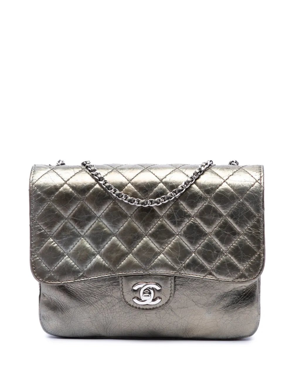 2012 Medium Metallic Crackled Calfskin Clams Pocket Flap shoulder bag