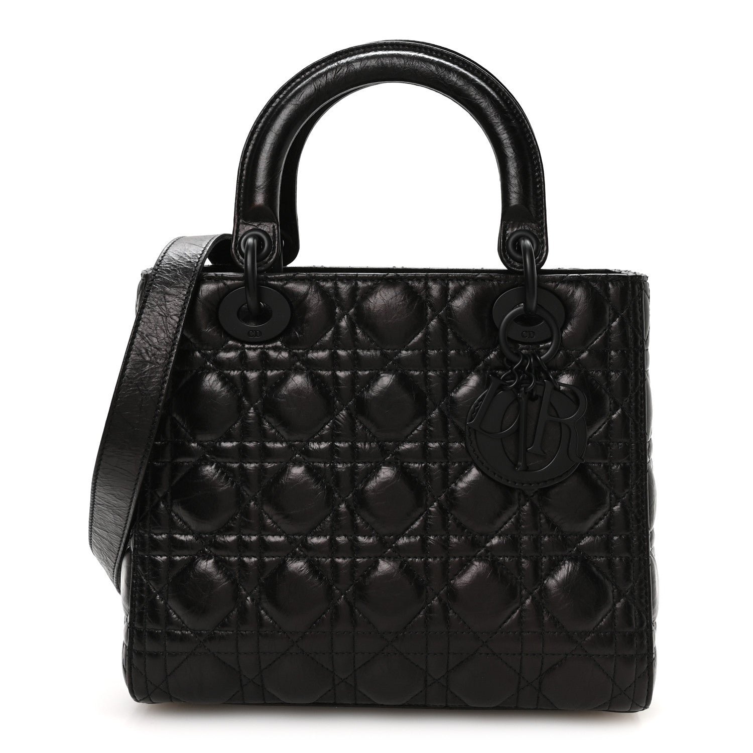 Christian Dior Crinkled Calfskin Cannage Medium Lady Dior Black