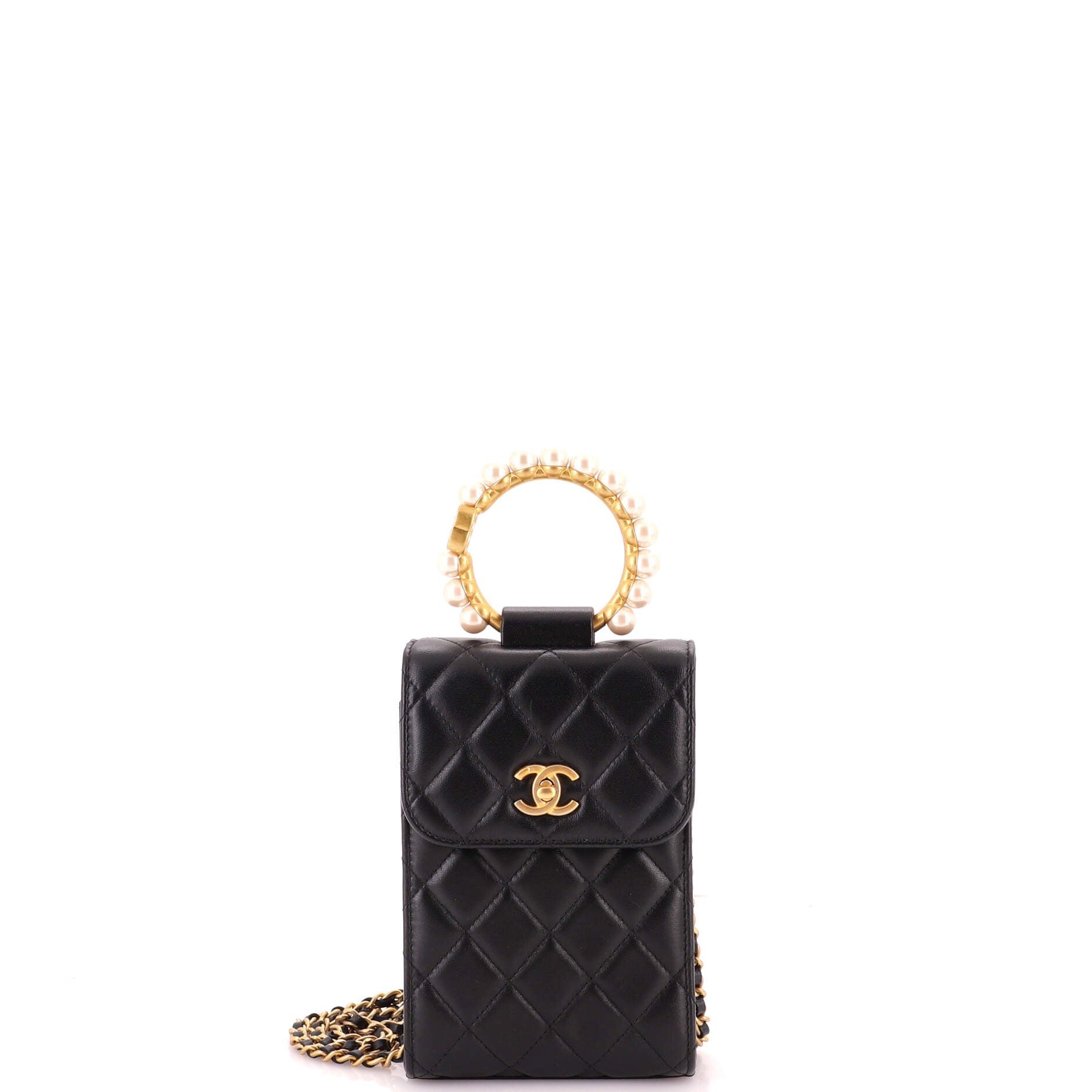 Pearl Crown Phone Holder with Chain Quilted Lambskin