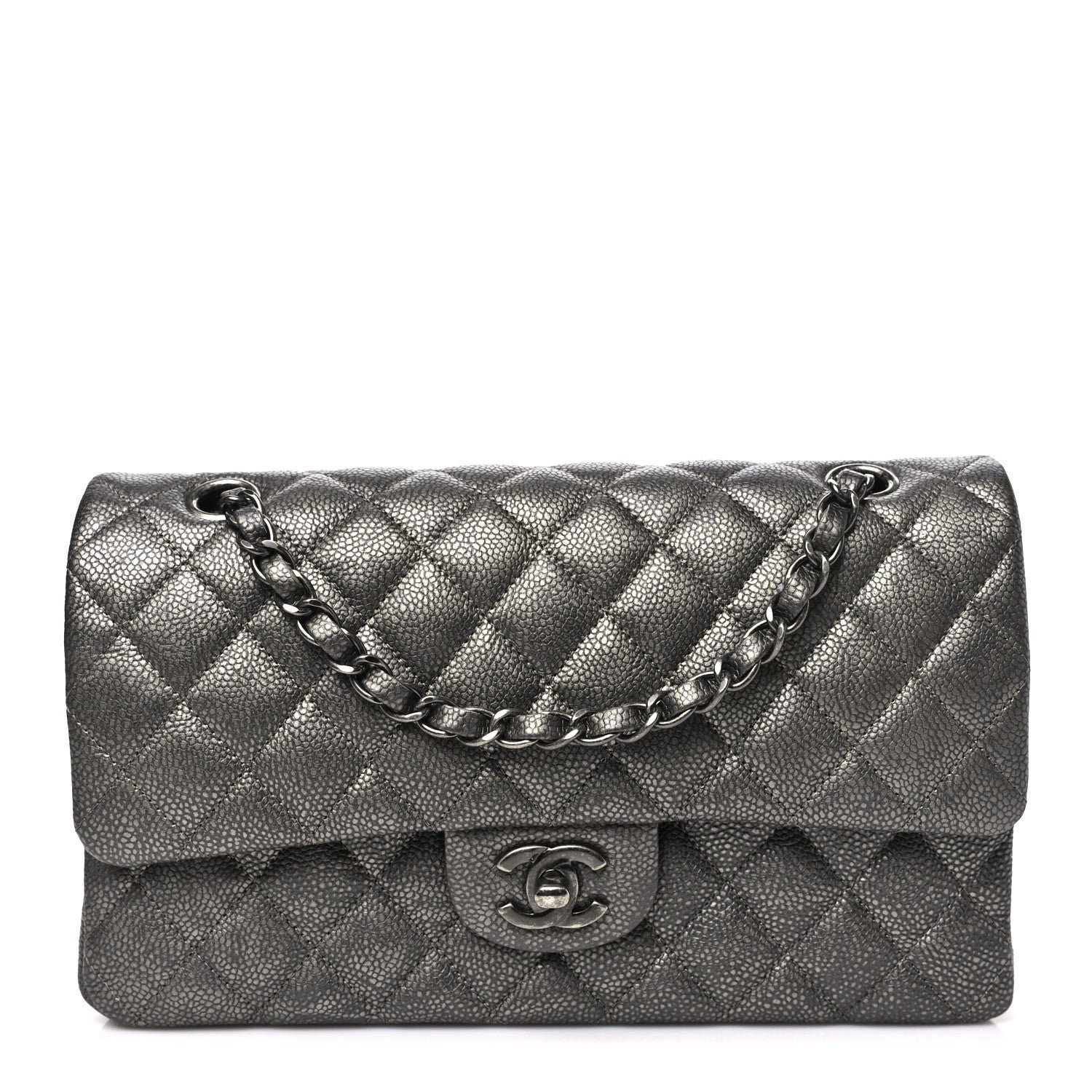 Chanel Metallic Caviar Quilted Medium Double Flap Dark Grey