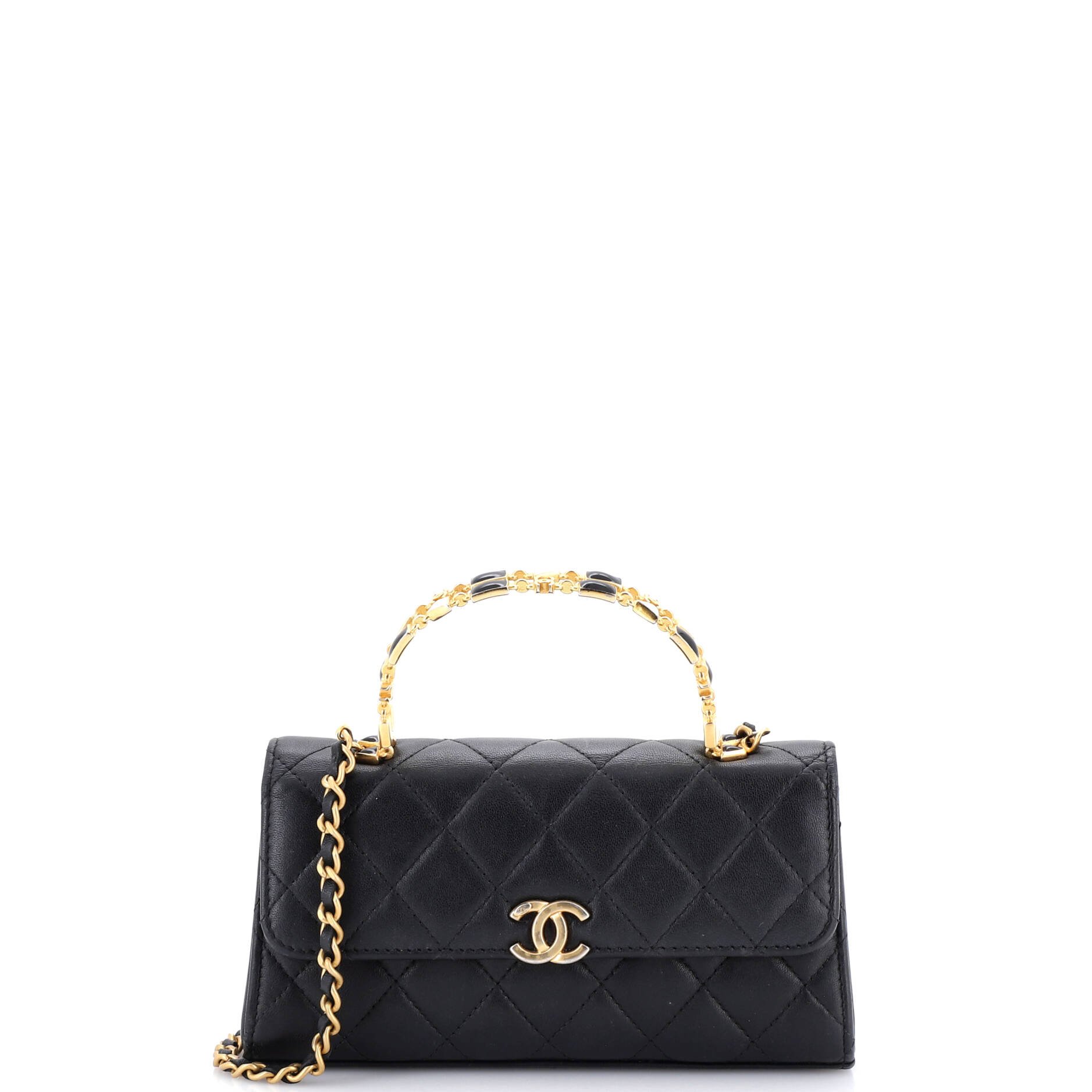 Top Handle Phone Holder with Chain Quilted Lambskin with Enamel