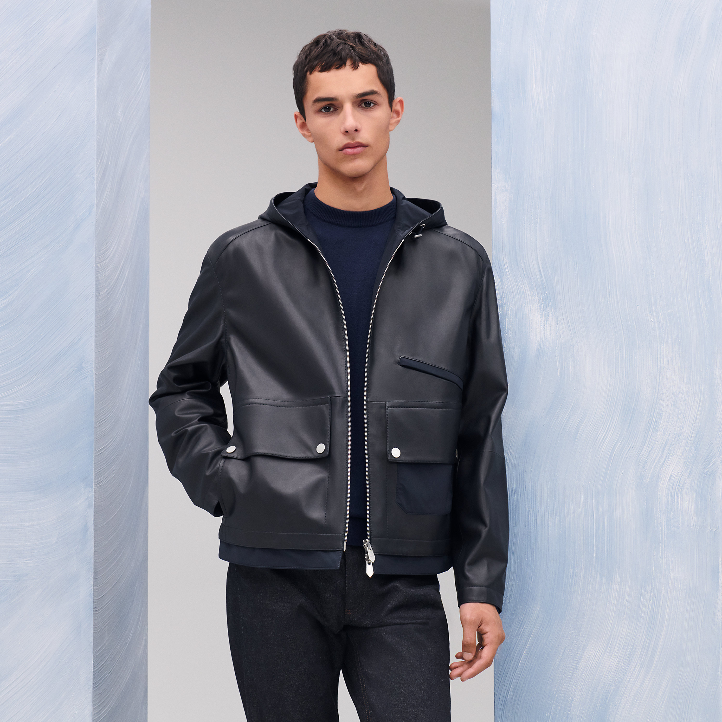 Reversible zipped hooded jacket with leather detail
