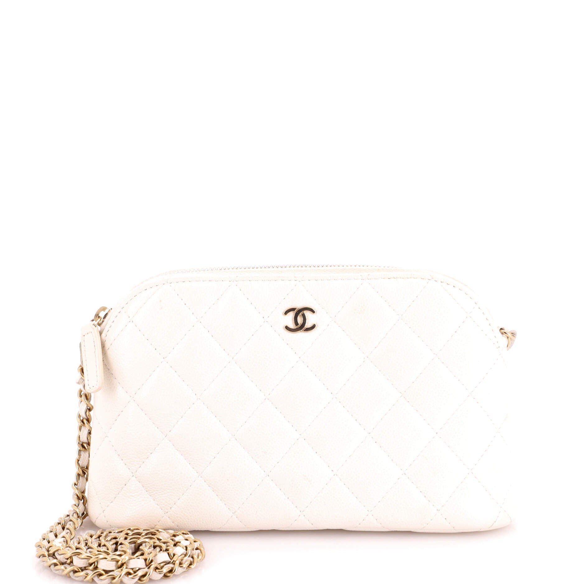 CC Dome Zip Clutch with Chain Quilted Caviar Small