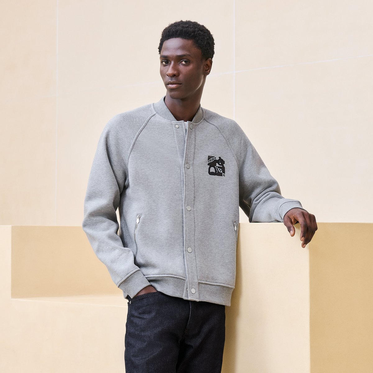 Gris "Metallerie Au Carre" Varsity Jacket With Leather Detail