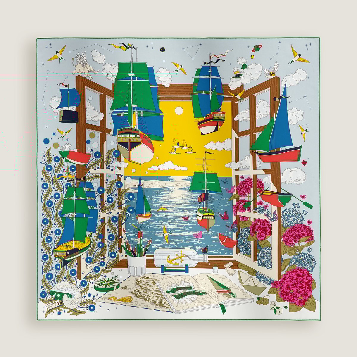 Hermès L'Esprit s'Envole scarf 90 Bleu/Jaune Vif/Multicolore