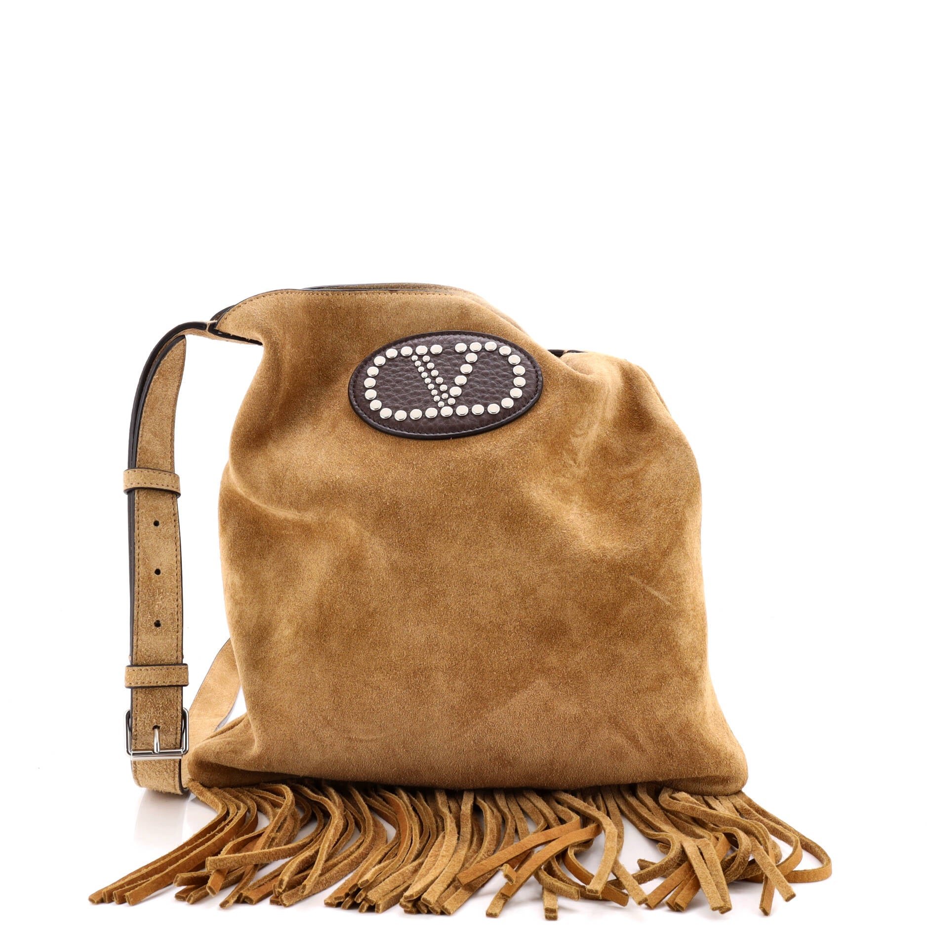 Valentino Garavani Nellcote Fringe Shoulder Bag Suede with Studded Detail Small