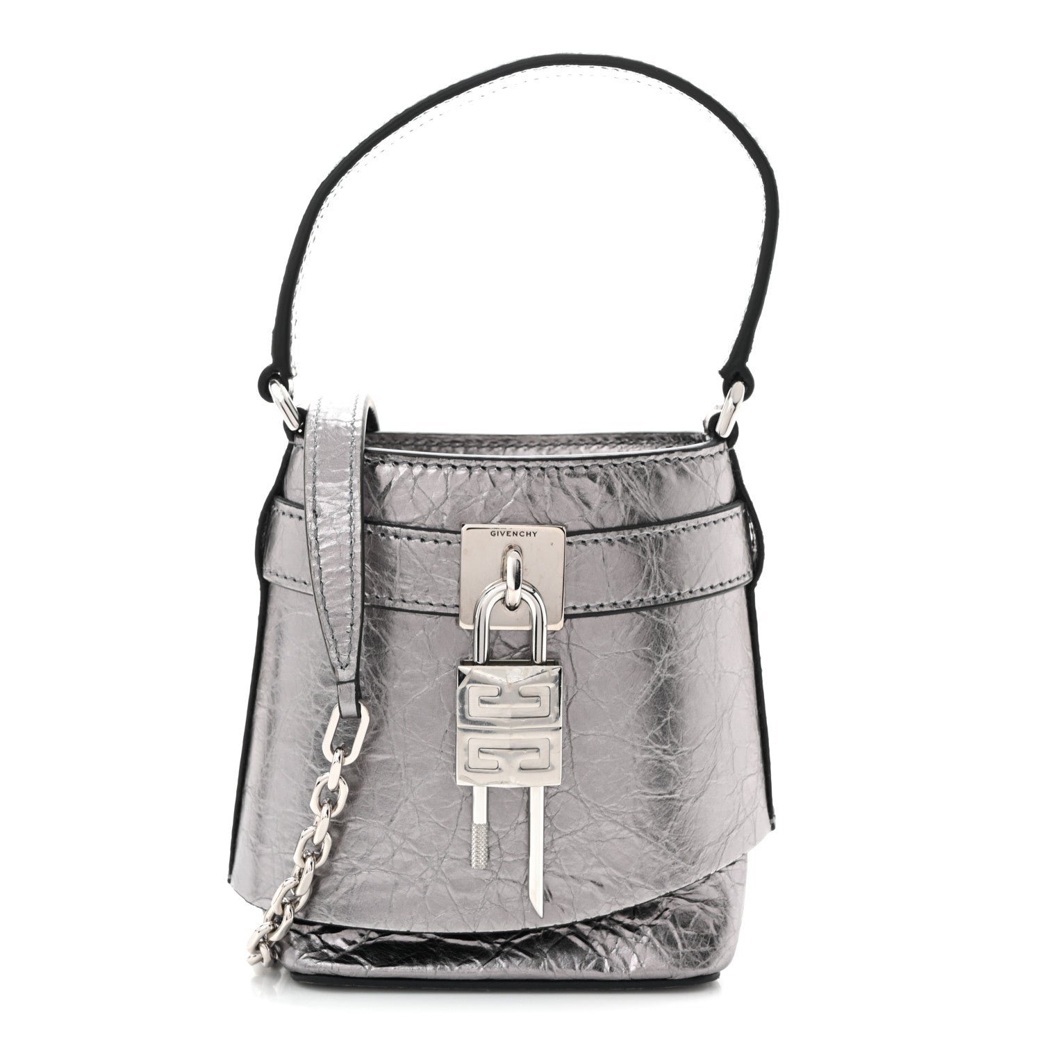 Givenchy Givenchy Laminated Lambskin Micro Shark Lock Bucket Bag Silvery Grey