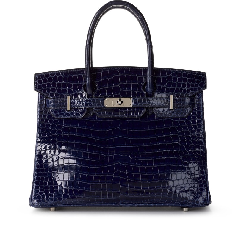 Hermes Bleu Marine Shiny Crocodile Porosus Birkin 30 Palladium Hardware, 2002