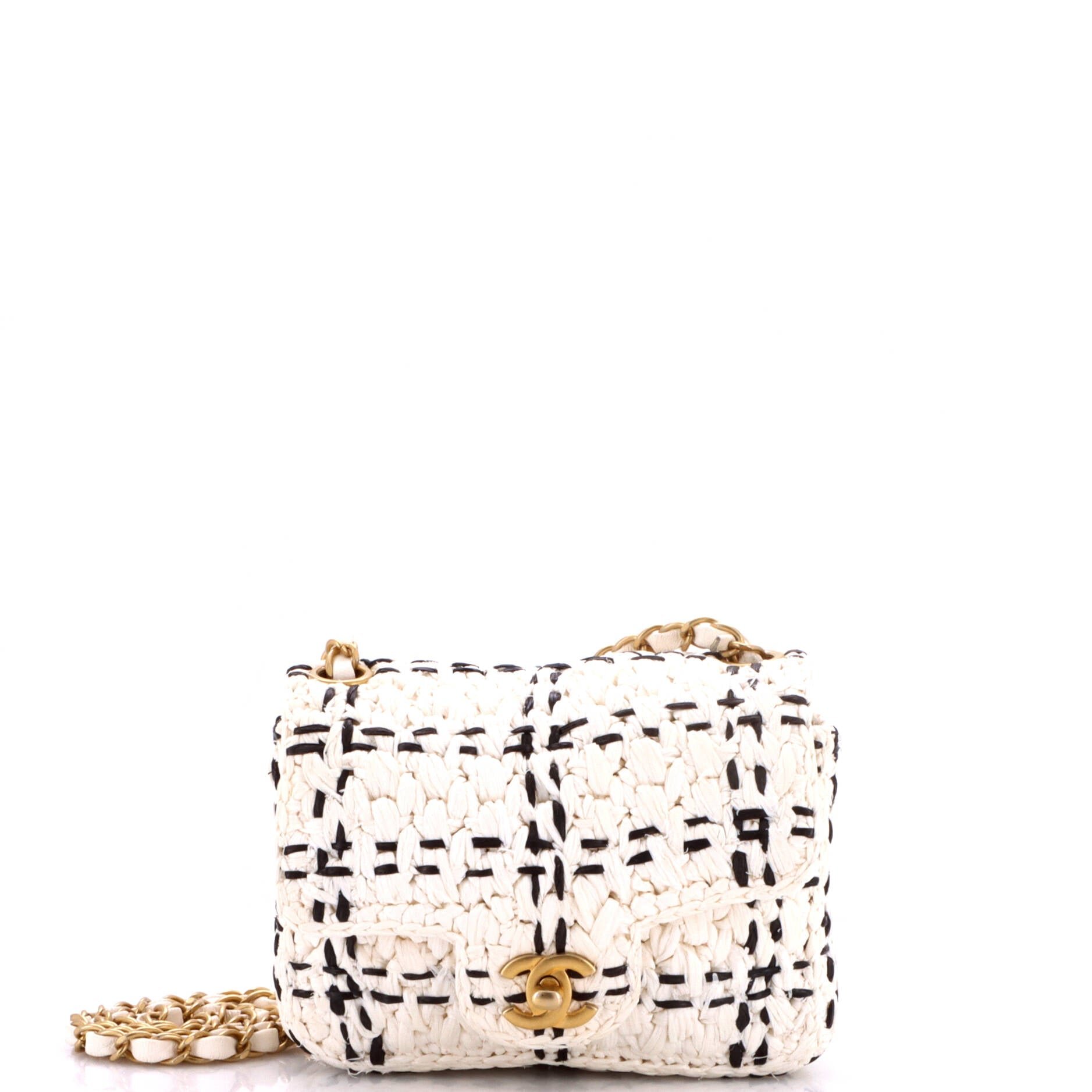 CC Chain Flap Bag Tweed Effect Braided Raffia Mini