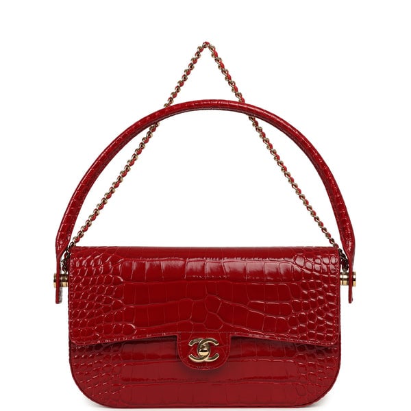 Chanel Top Handle "Turn Around" Clutch with Chain Red Croc Embossed Calfskin Gold Hardware
