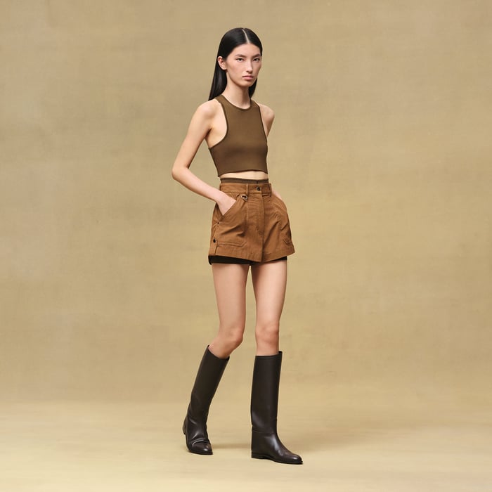 Brun Mahogany Pleated Waist Cotton Shorts