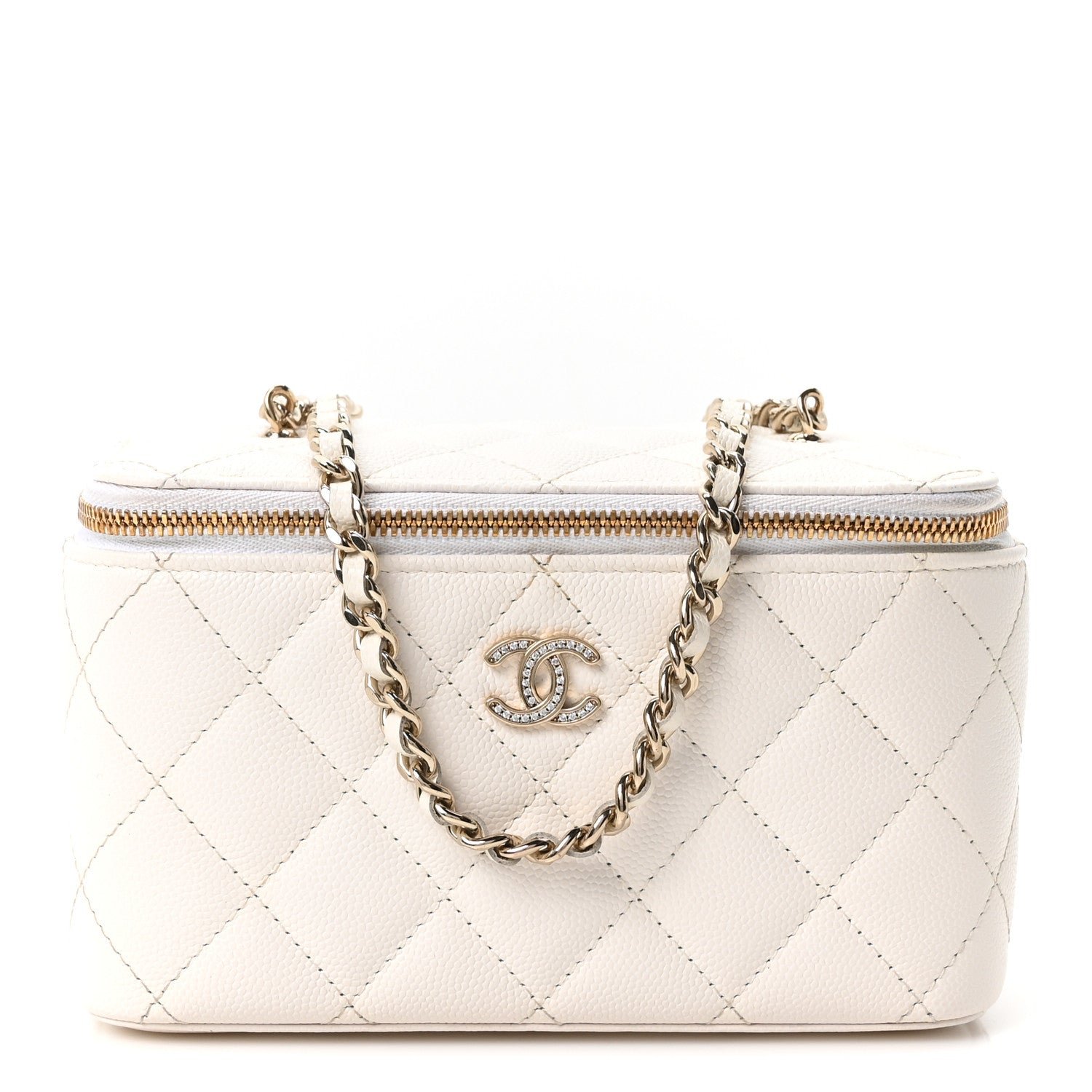 Chanel Caviar Quilted Crystal CC Logo Vanity Case With Chain White