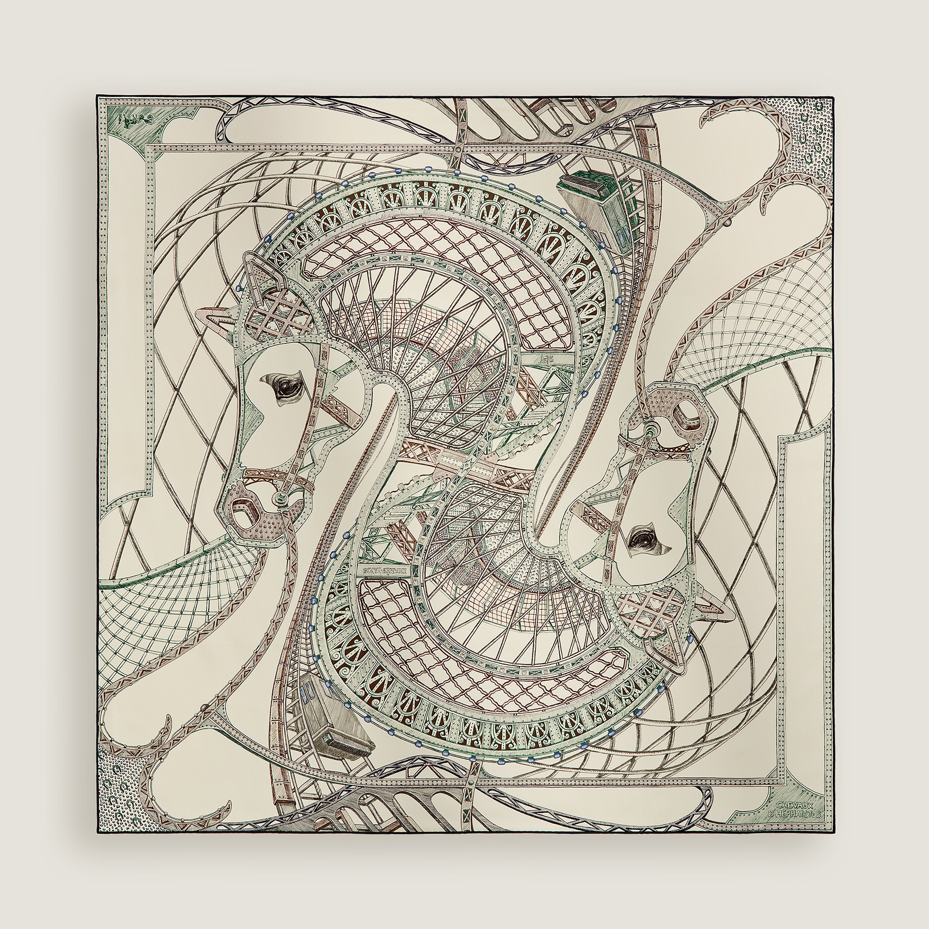 Hermès Chevaux d'Hephaistos scarf 90 Rose Nacre/Bleu/Cuir | BagUSeek