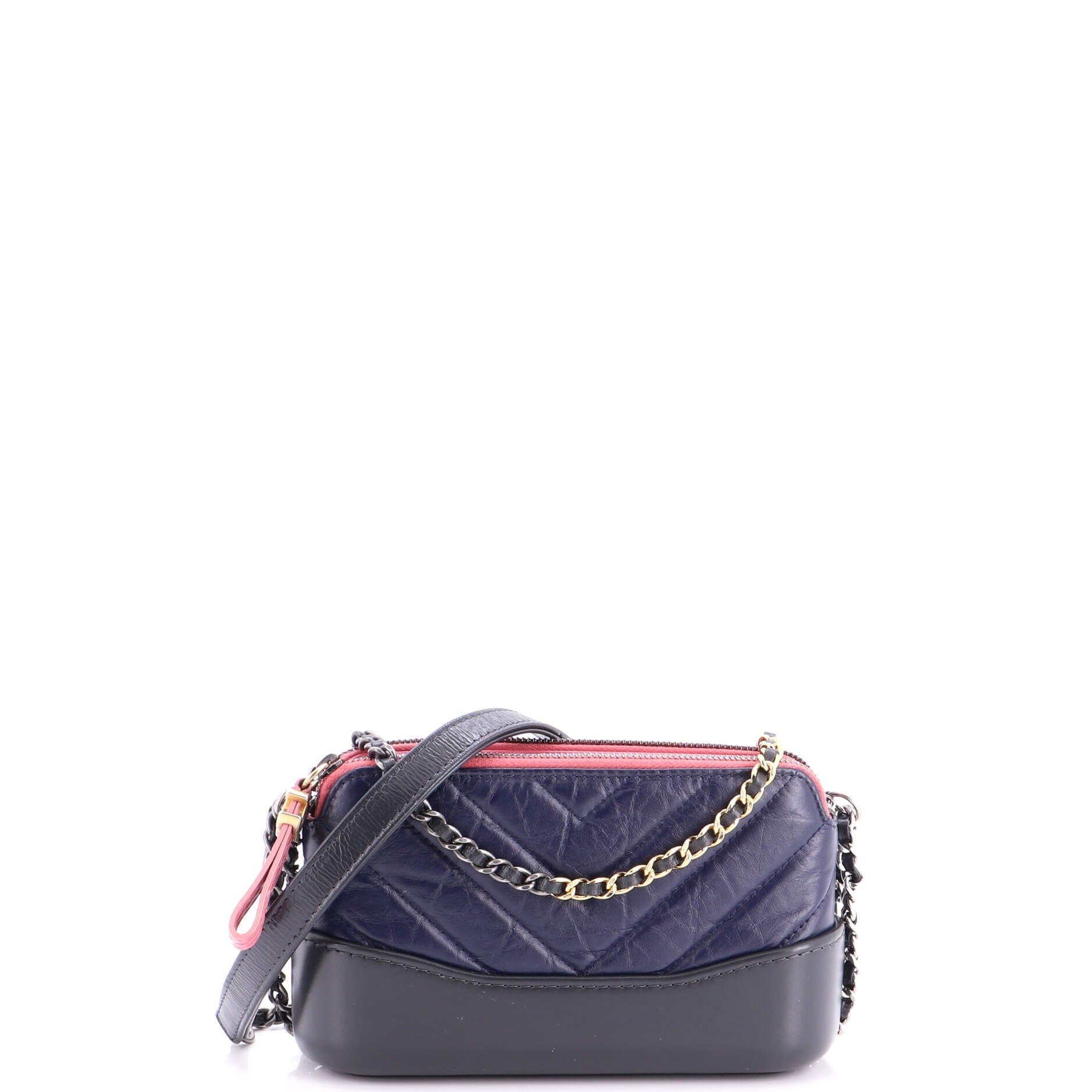 Gabrielle Double Zip Clutch with Chain Chevron Aged Calfskin