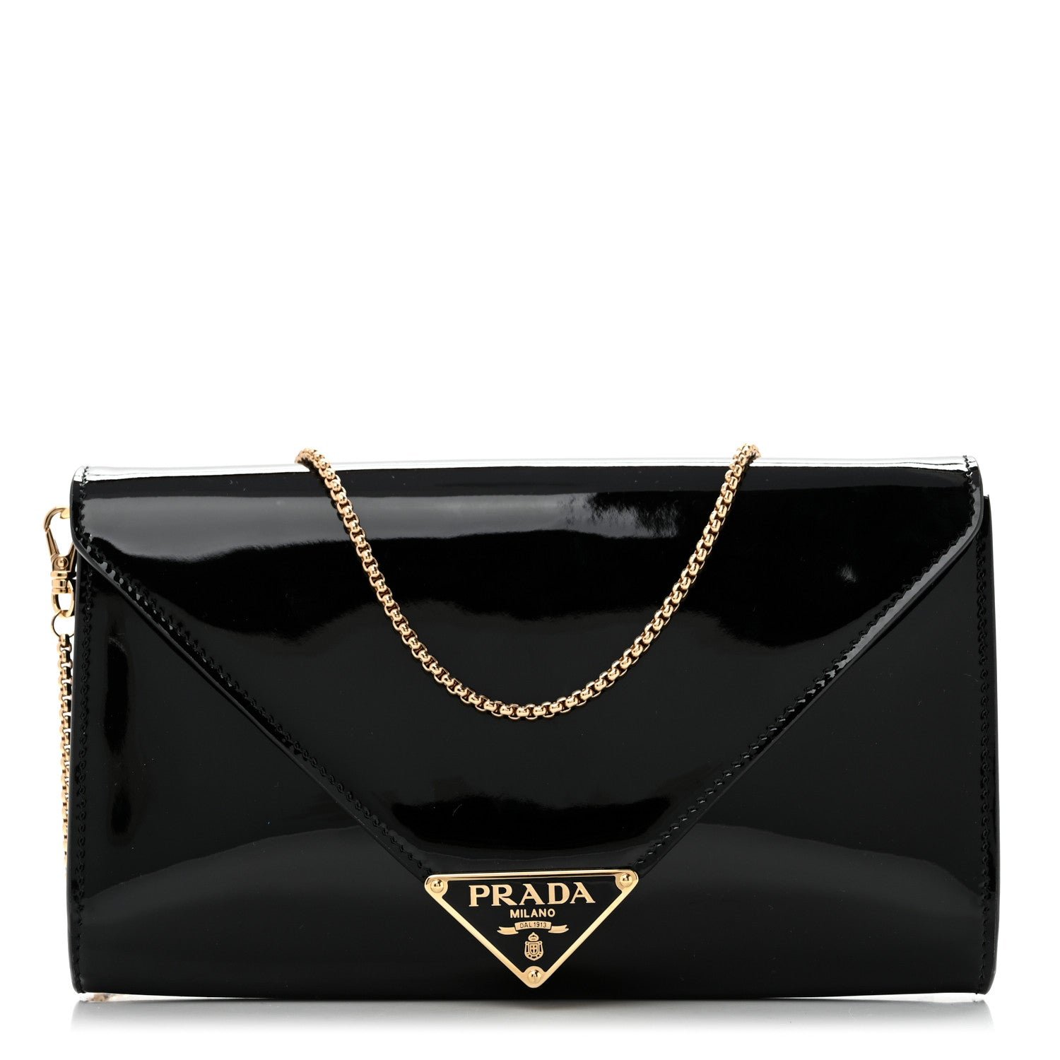Prada Vernice Metal Triangle Logo Clutch Black