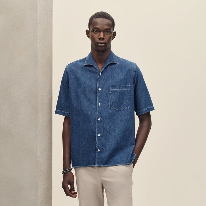 Indigo Lavé Short-sleeve Straight Cut Shirt With Notched Collar