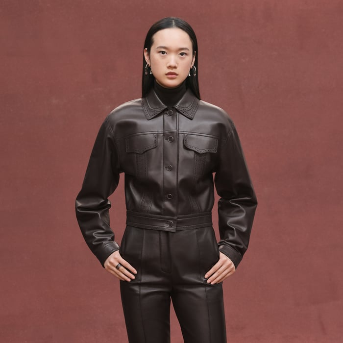 Marron Ébène City Jacket With Perforated Details