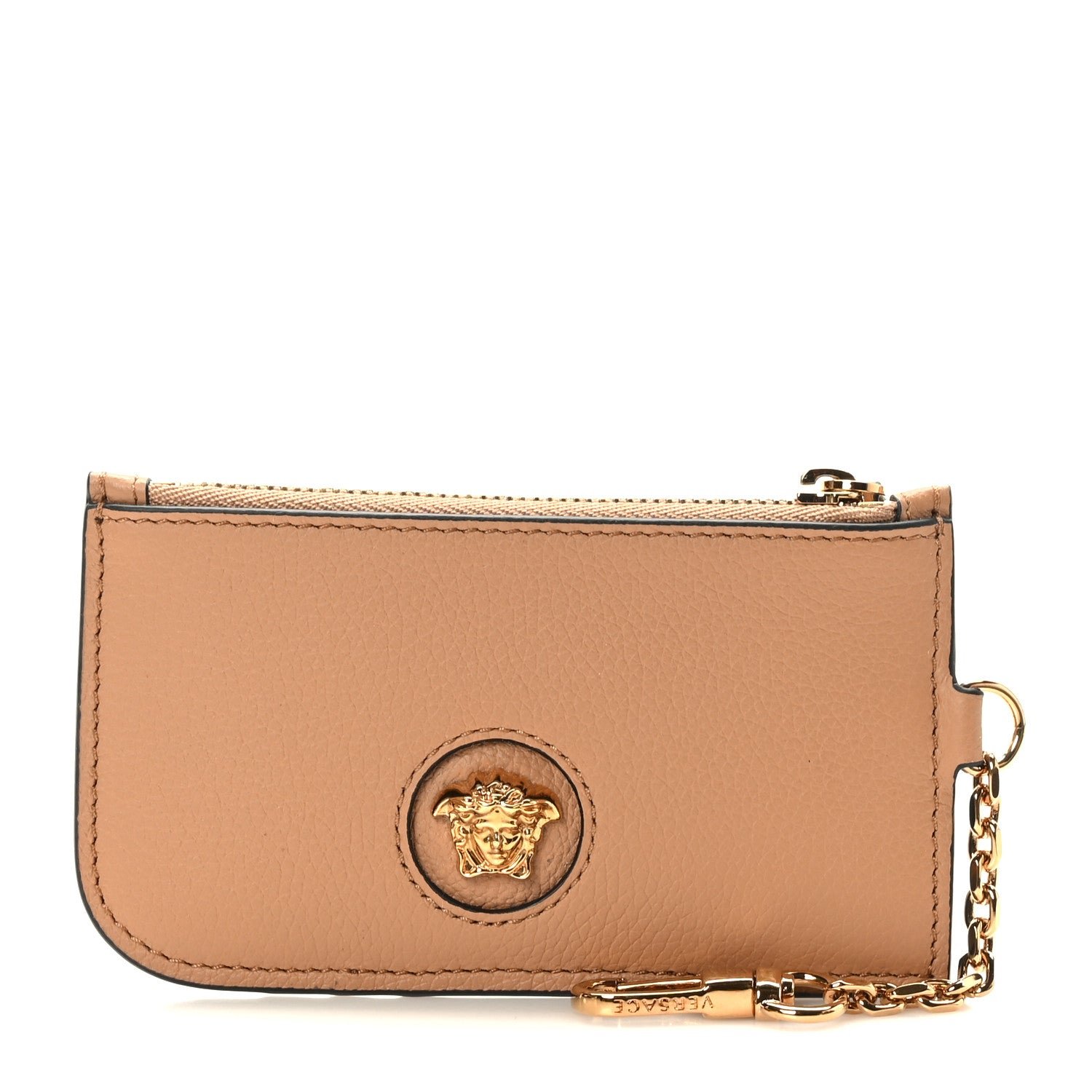Versace Grained Calfskin La Medusa Zip Card Case Brown