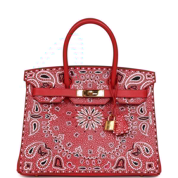 Hermes Custom "Paisley Bandana" Swarovski Crystal Hermes Birkin 30 Rouge Casaque Epsom Gold Hardware