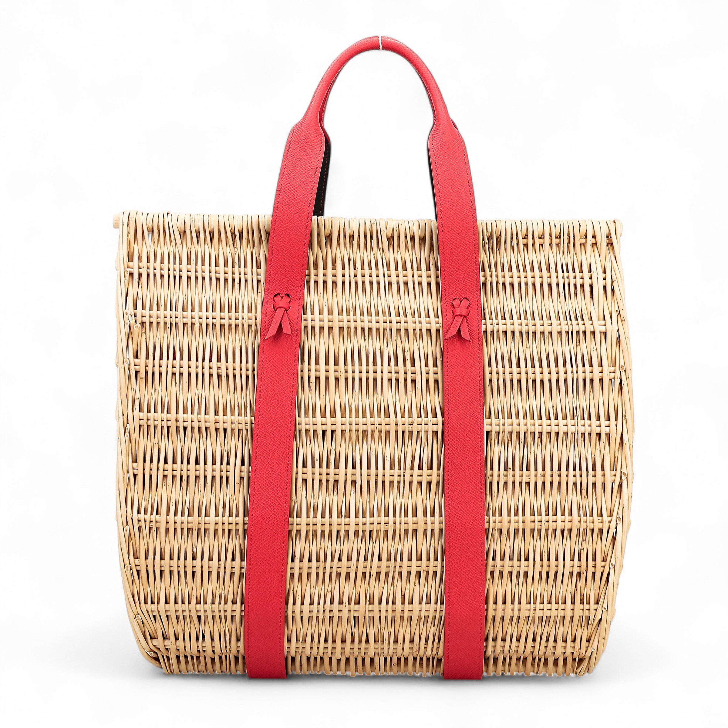Hermes Unused ( Rank NS ) HERMÈS Panier en osier GM Aleatoire Rouge Tomate (S5) Bleu Orage (Y7) Osier Wicker  Epsom