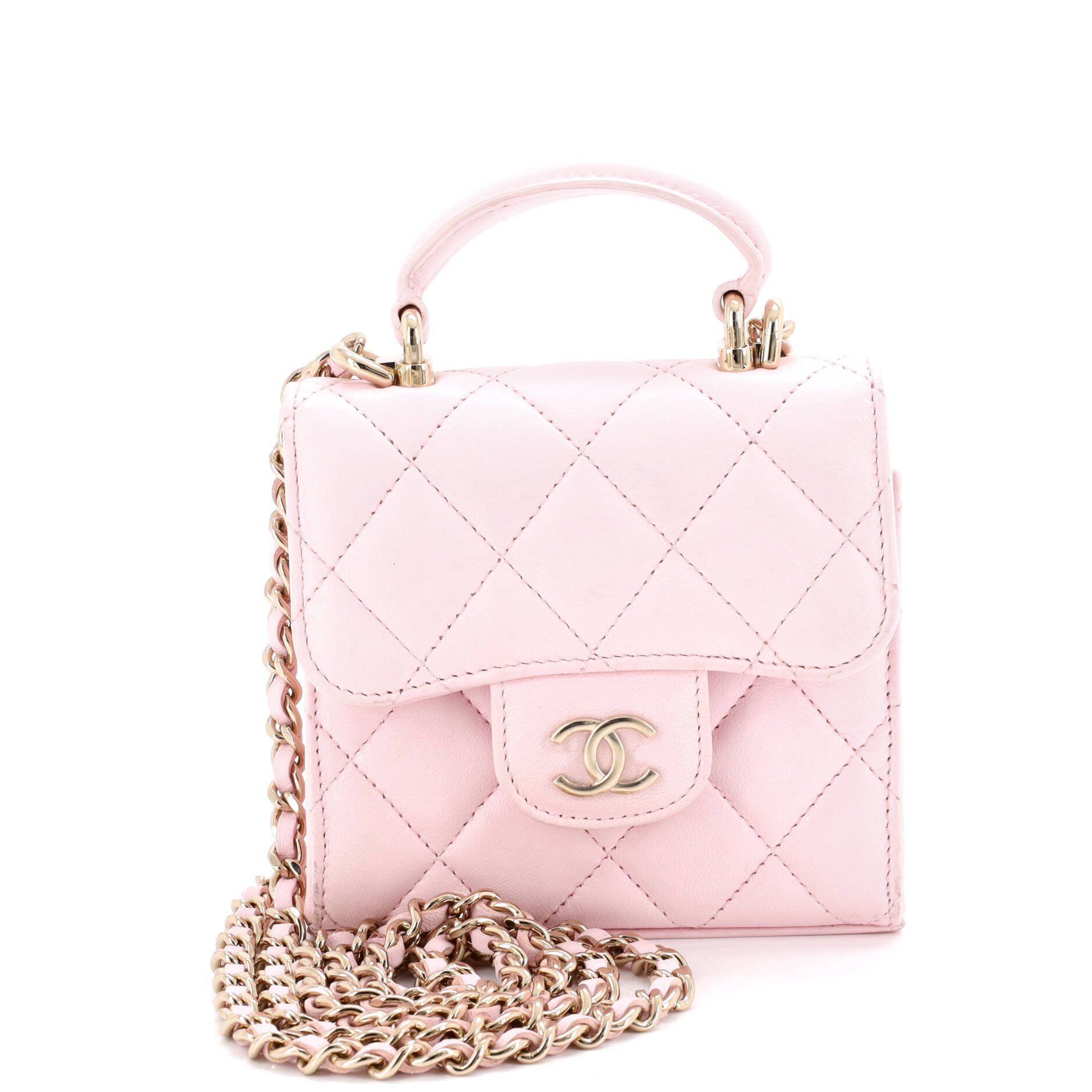 Chanel Square Classic Flap Top Handle Clutch with Chain Quilted Lambskin