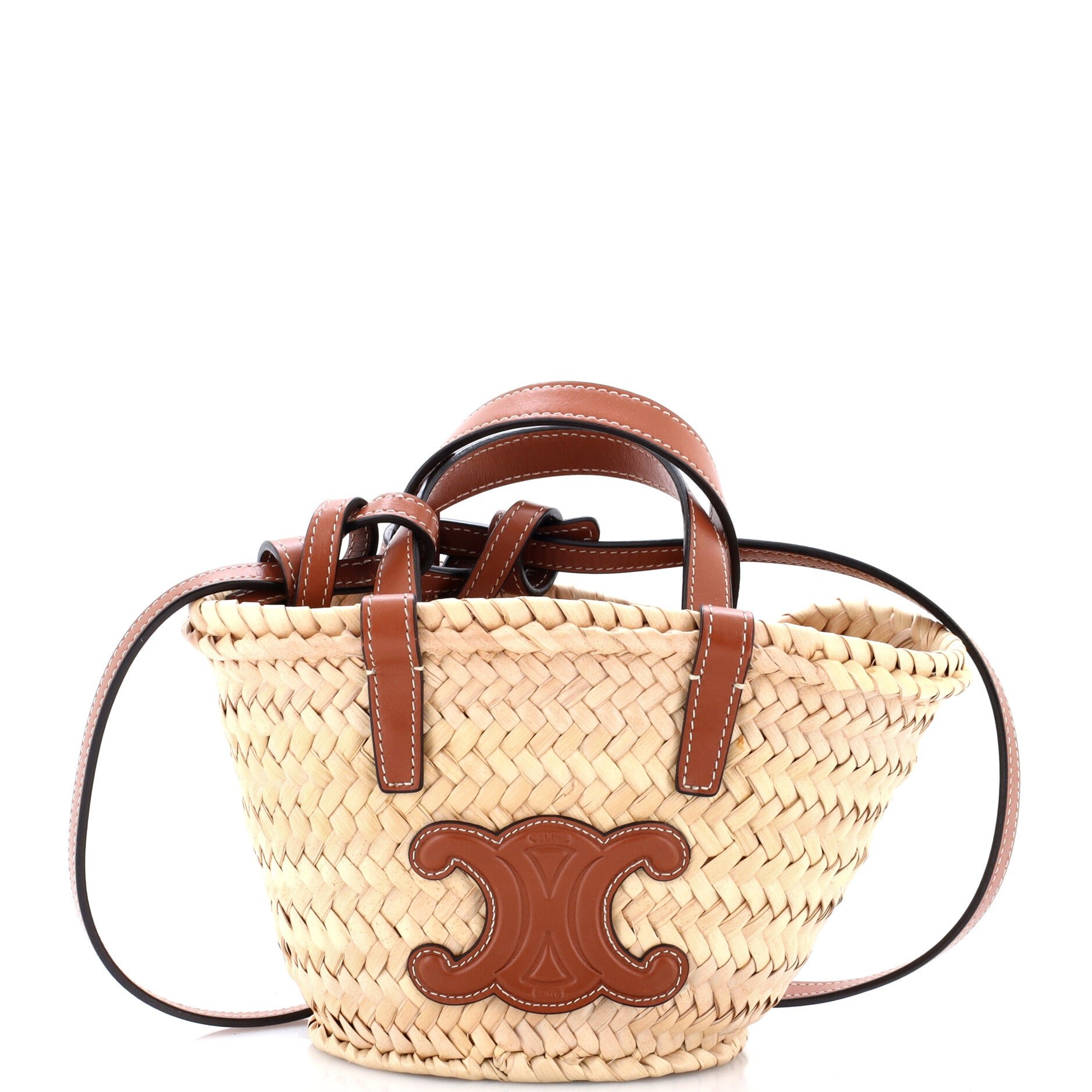 Triomphe Basket Shoulder Bag Raffia with Leather Nano