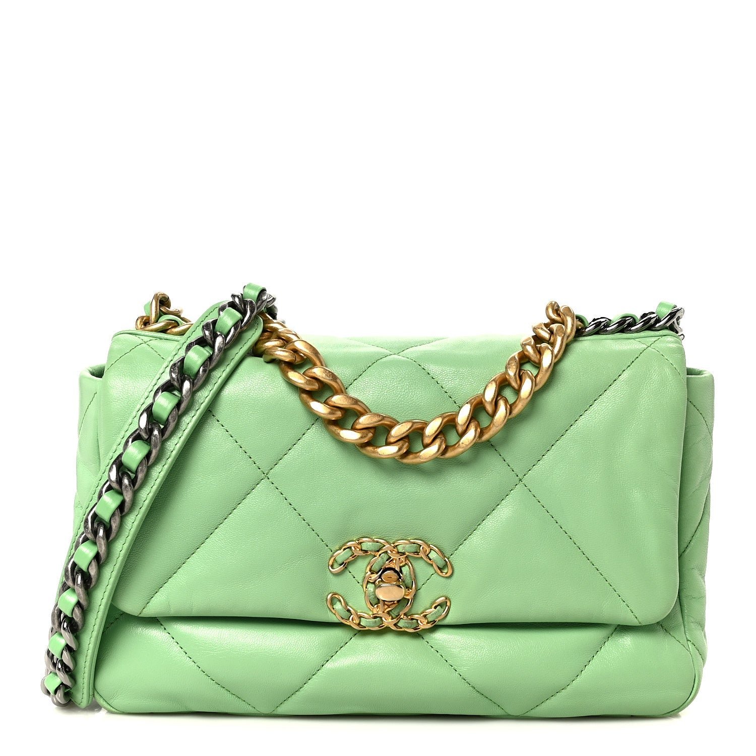 Chanel Goatskin Quilted Medium Chanel 19 Flap Light Green