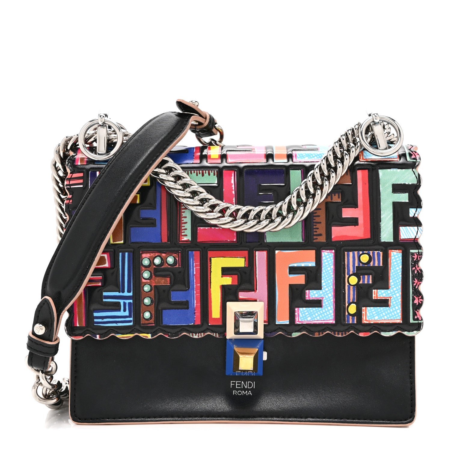 Fendi Vitello Liberty Fun Fair Embossed Scalloped Kan I Shoulder Bag Black Multicolor
