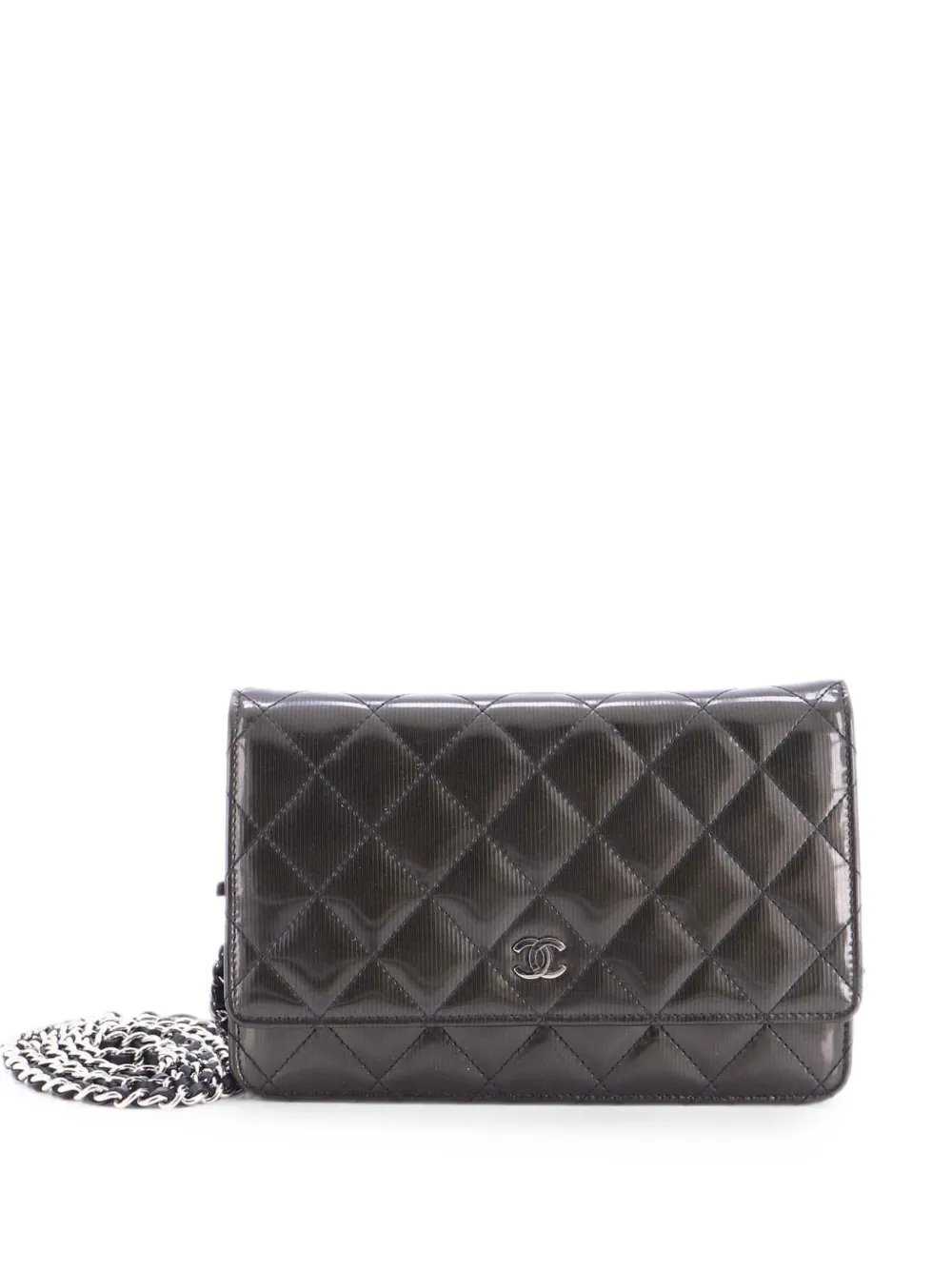 Wallet on Chain Quilted Striated Metallic Patent crossbody bag