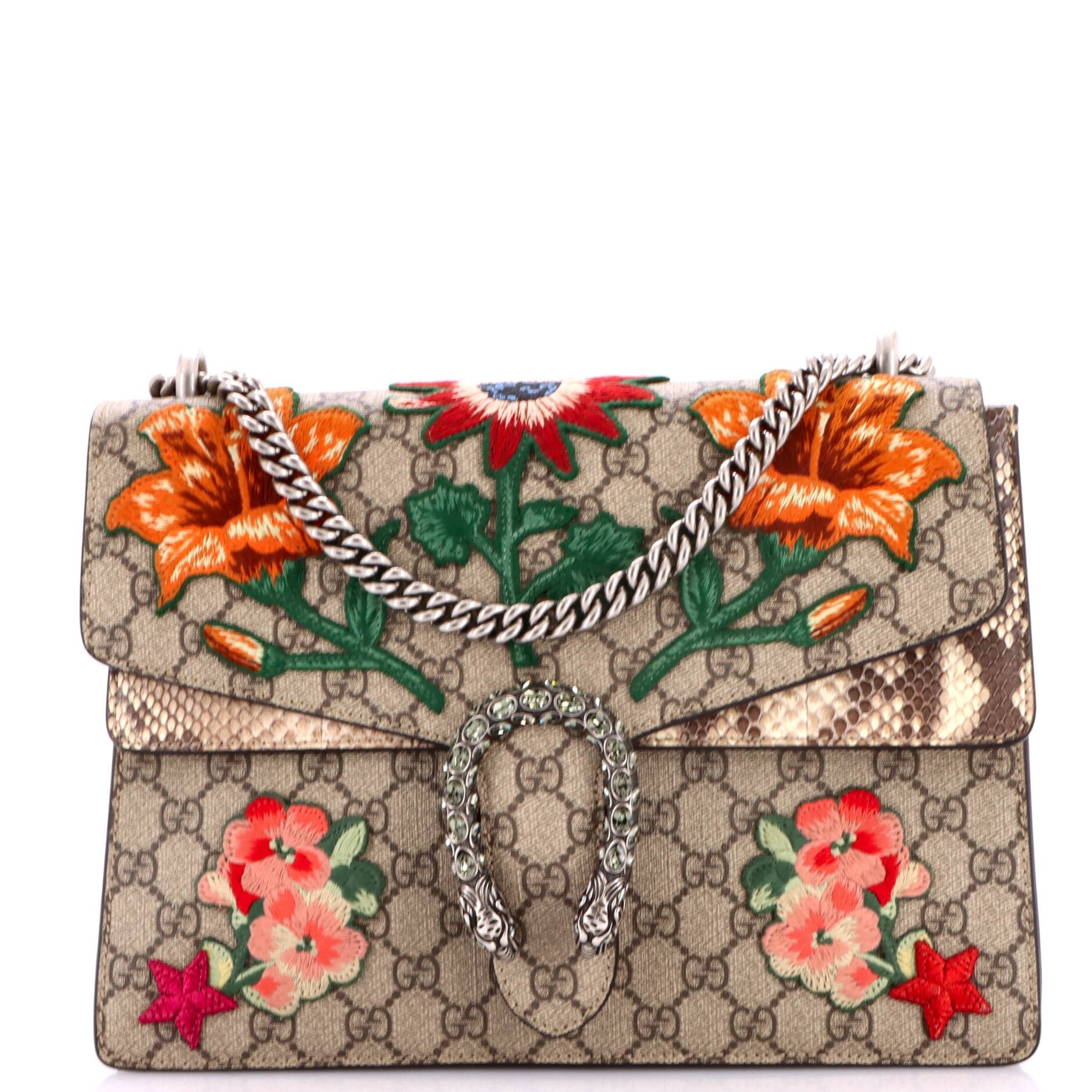 Dionysus Bag Embroidered GG Coated Canvas with Python Medium