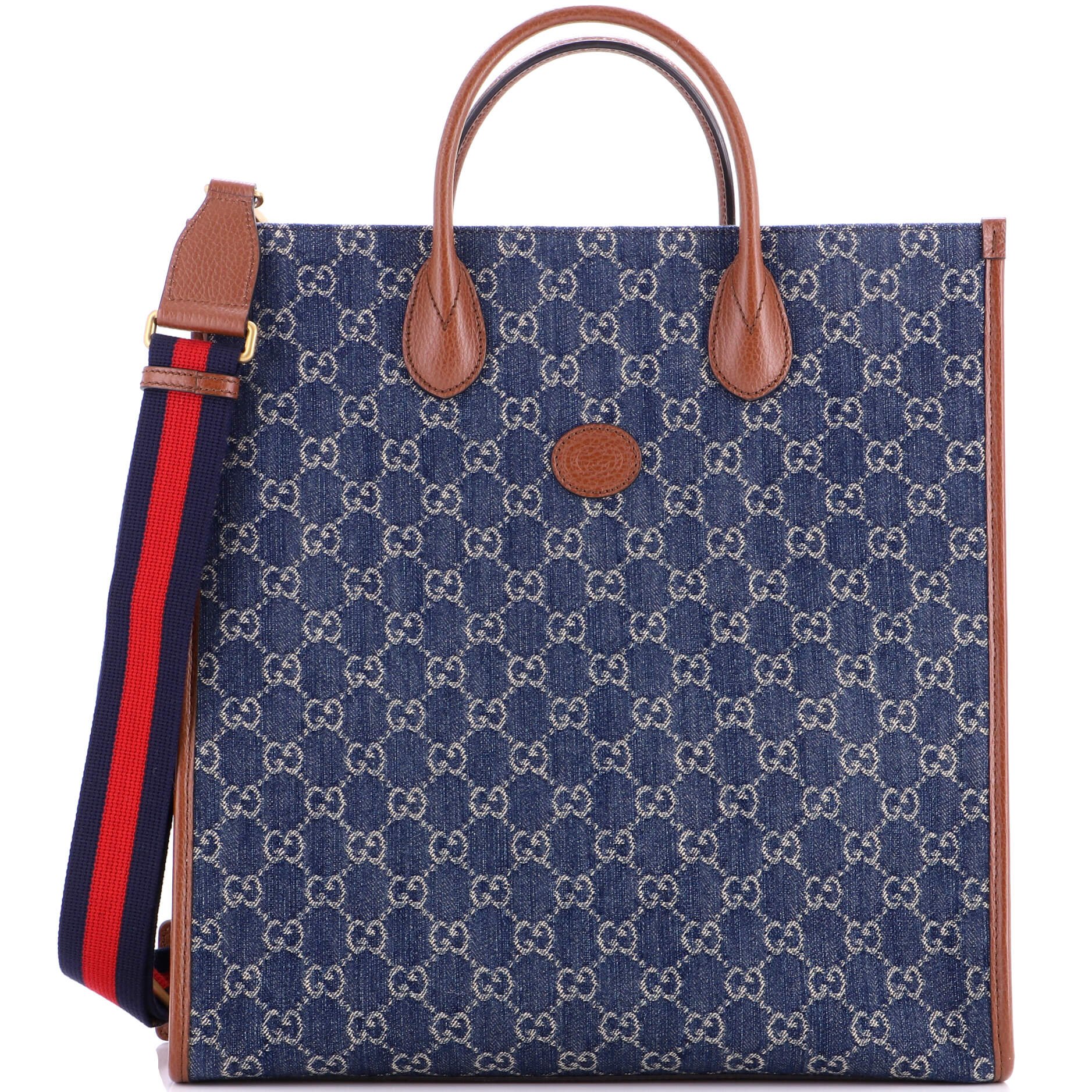 Gucci Interlocking G Patch Web Strap Convertible Tote GG Denim Tall