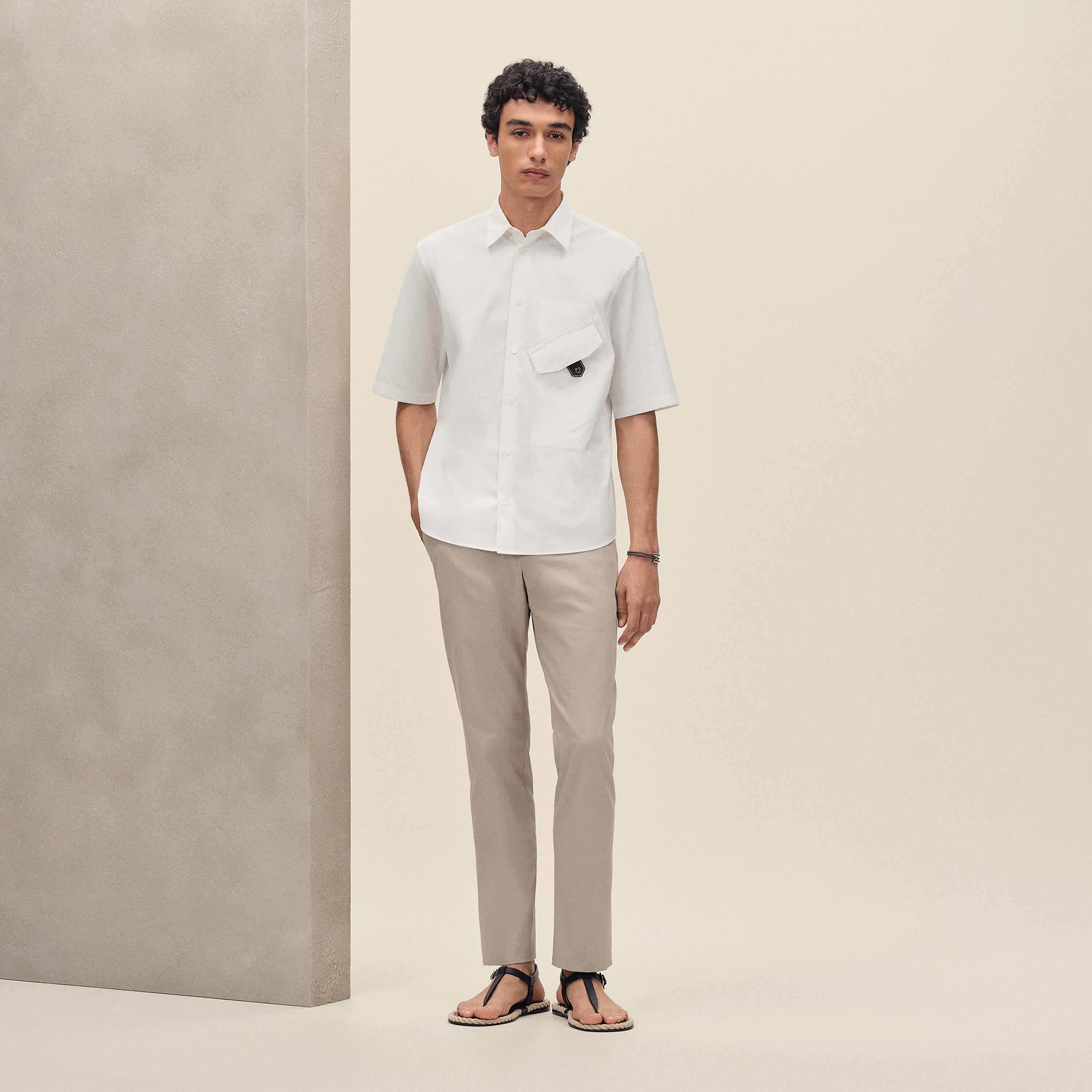 Short-sleeve straight cut shirt with leather detail