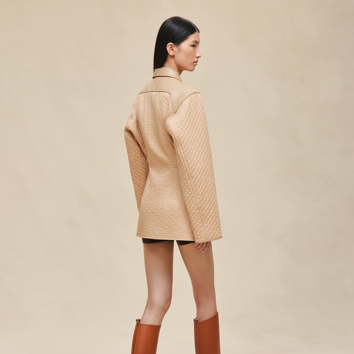 Beige Cajou Short Coat With Leather Details