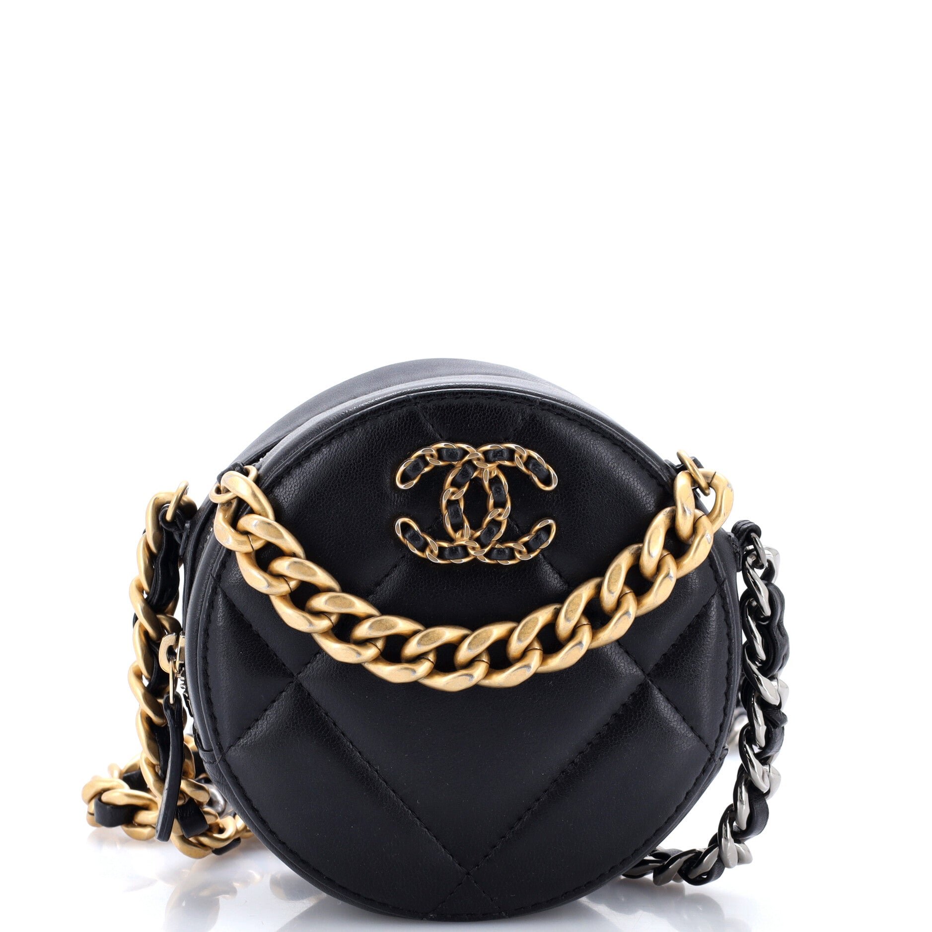 19 Round Clutch with Chain Quilted Leather