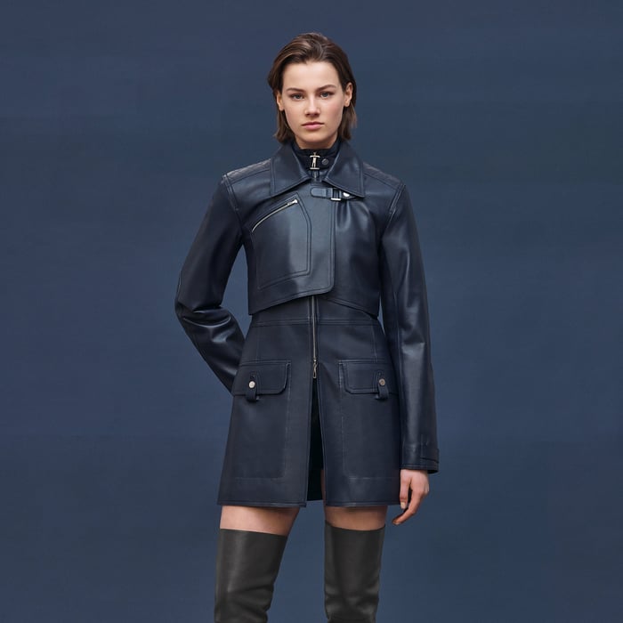 Bleu Noir Short Leather Trench Coat