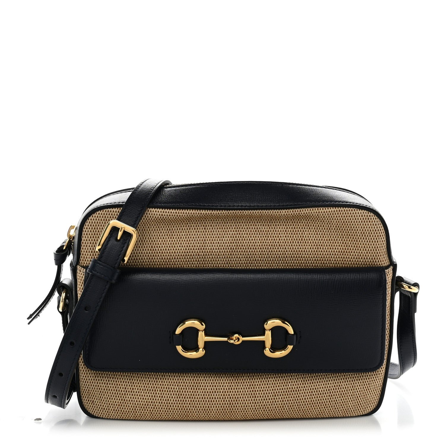 Gucci Vintage Rice Canvas Azalea Calfskin Small Horsebit 1955 Shoulder Bag Beige Blue