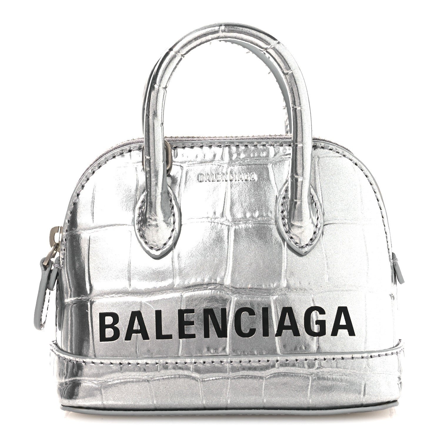 Balenciaga Balenciaga Metallic Calfskin Logo Crocodile Embossed Mini Ville Top Handle Bag Silver Black