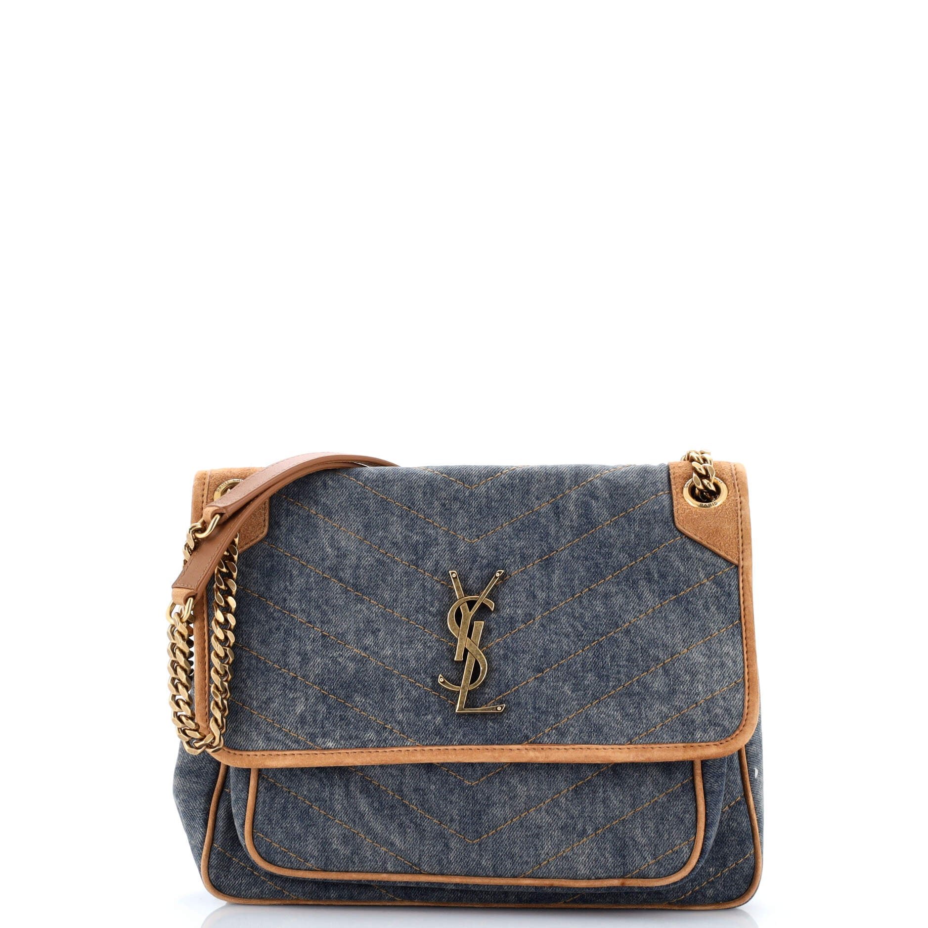 Saint Laurent Niki Chain Flap Bag Matelasse Chevron Denim with Suede Medium