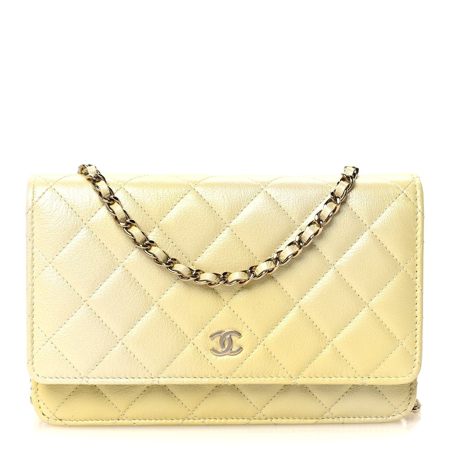 Chanel Iridescent Goatskin Quilted Wallet on Chain WOC Light Yellow