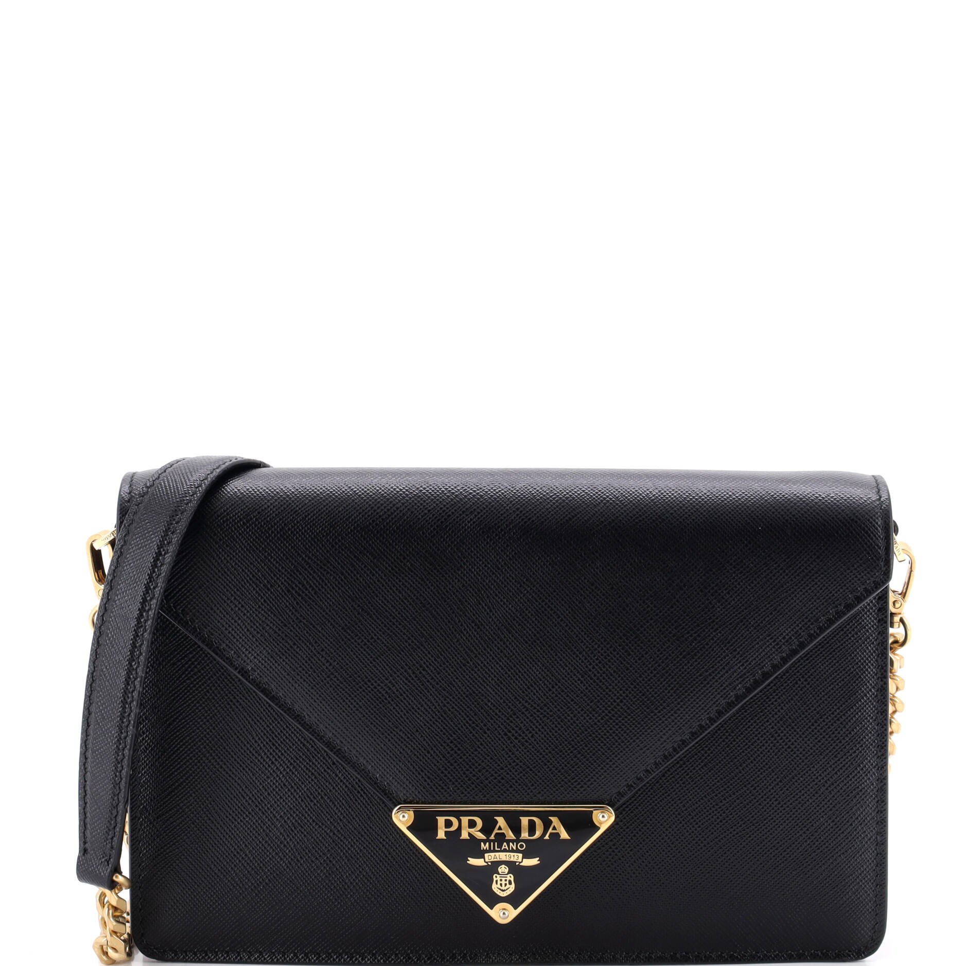 Triangle Logo Plaque Envelope Chain Shoulder Bag Saffiano Leather